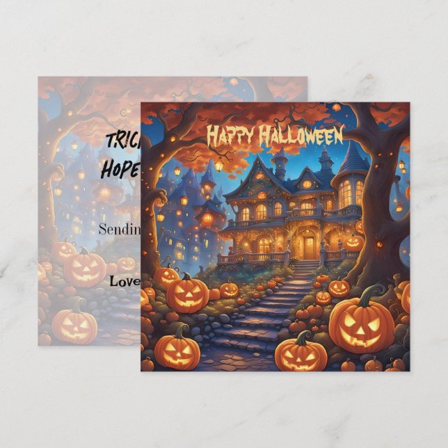 Spooky villa i skogen, pumpor, Halloween (Fram/baksida)