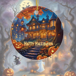 Spooky villa i skogen, pumpor, Halloween Julgransprydnad Keramik
