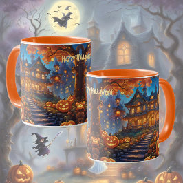 Spooky villa i skogen, pumpor, Halloween Mugg