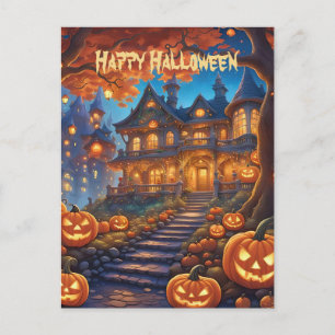 Spooky villa i skogen, pumpor, Halloween Vykort