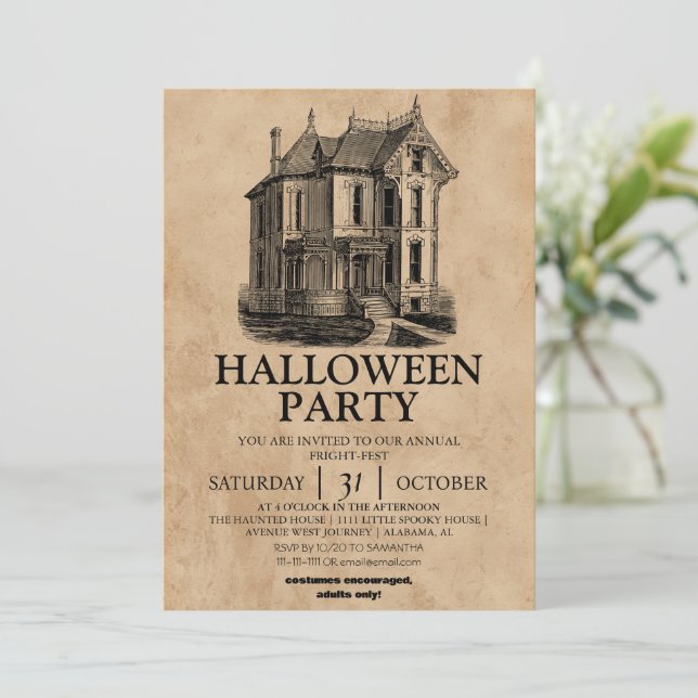 spooky Vintage house halloween costume party Inbjudningar (Stående Fram)