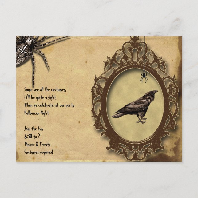 Spooky Vintage Raven och Spider Halloween Inbjudan Vykort (Framsida)