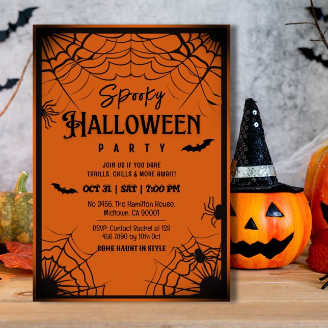 Spooky vintage spindelnät fladdermus orange Hallow Inbjudningar (Skapare uppladdad)