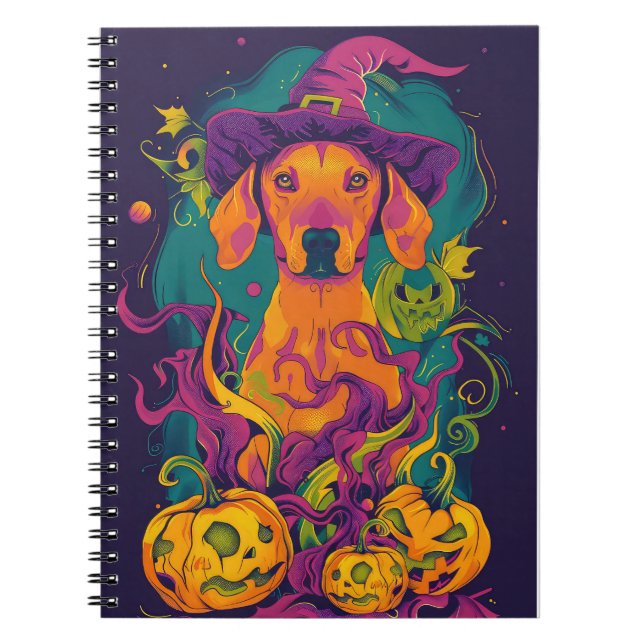 Spooky Vizsla Hund Halloween Witch och Pumpkin Anteckningsbok (Framsidan)