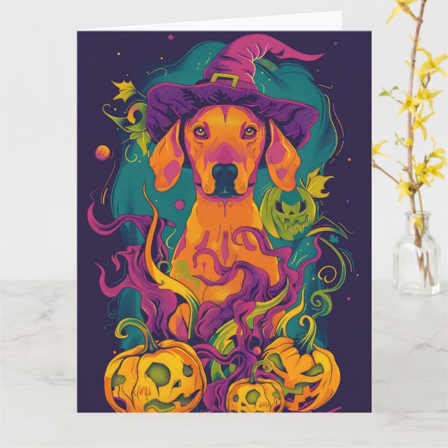 Spooky Vizsla Hund Halloween Witch och Pumpkin Kort (Gul blomma)