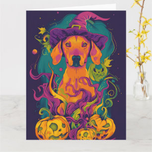 Spooky Vizsla Hund Halloween Witch och Pumpkin Kort