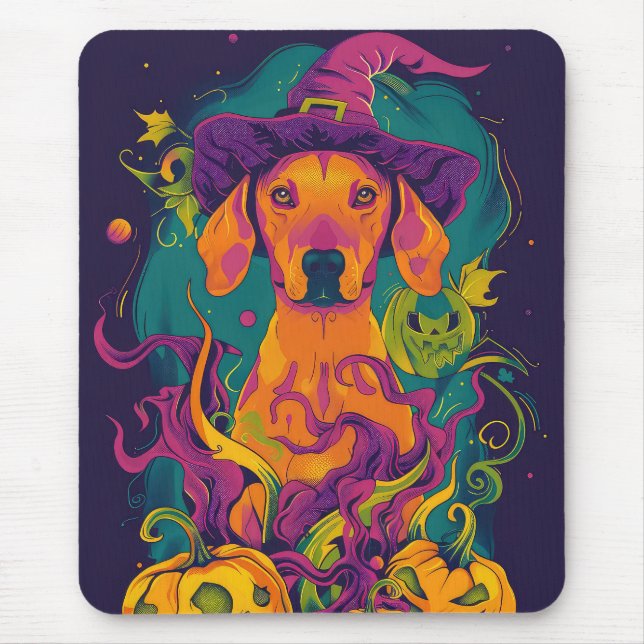 Spooky Vizsla Hund Halloween Witch och Pumpkin Musmatta (Framsidan)