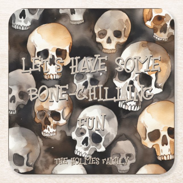 Spooky Watercolor Döskallars Halloween Monogram Underlägg Papper Kvadrat (Framsidan)