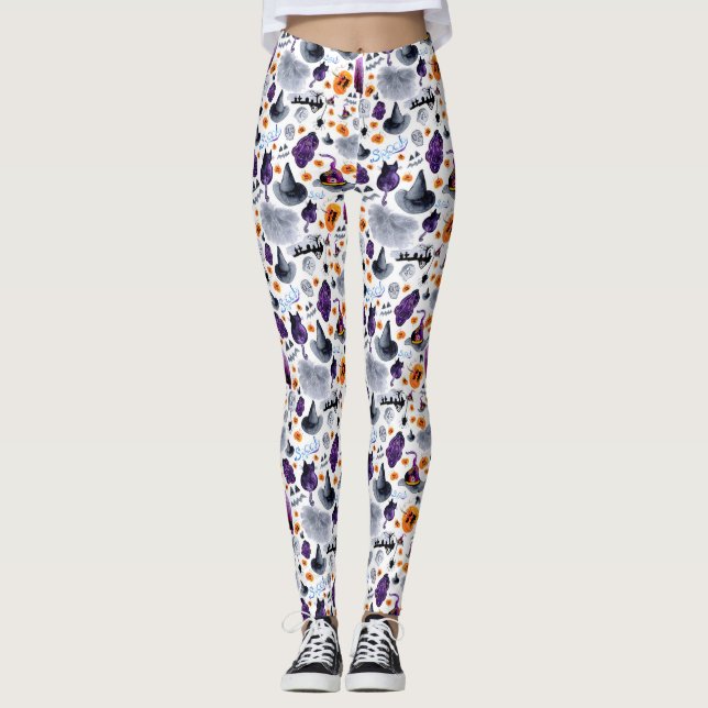Spooky Watercolor Halloween Mönster Leggings (Framsida)