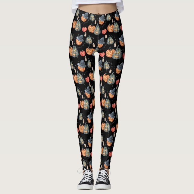 Spooky Watercolor Pumpkins Leggings (Framsida)