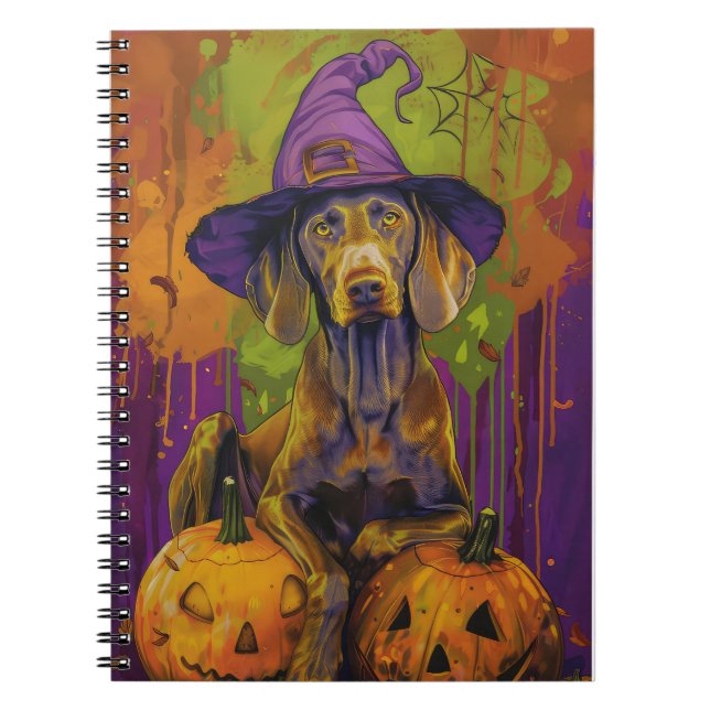 Spooky Weimaraner Hund Halloween Witch och Pumpkin Anteckningsbok (Framsidan)