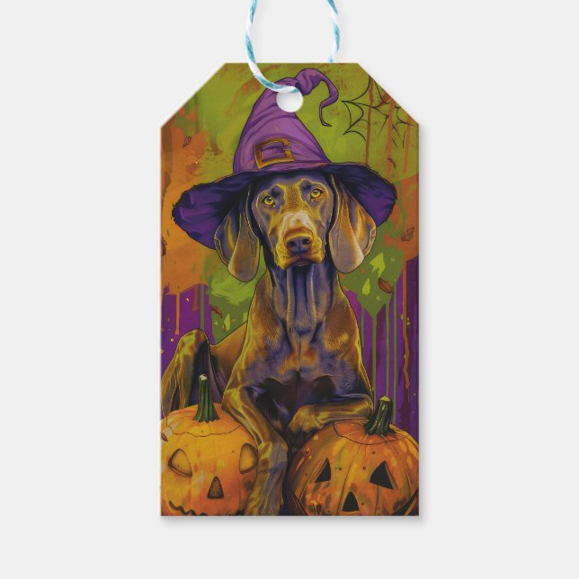 Spooky Weimaraner Hund Halloween Witch och Pumpkin Presentetikett (Framsidan)
