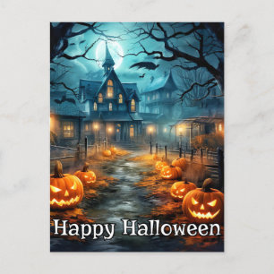 Spooky well-lit Nefarious Pumpkin Happy halloween Vykort