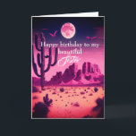 Spooky Western Halloween Birthday Sister Kort<br><div class="desc">En lila pooky western öken Halloween-födelsedagskort för syster som har en mycket coola lila-öken och måne med fladdermus som flyger i luft på framsidan av detta syster Halloween-födelsedagskort. Invändigt kortmeddelande kan vara personlig om det behövs. Ett unikt Halloween-födelsedagskort för henne.</div>