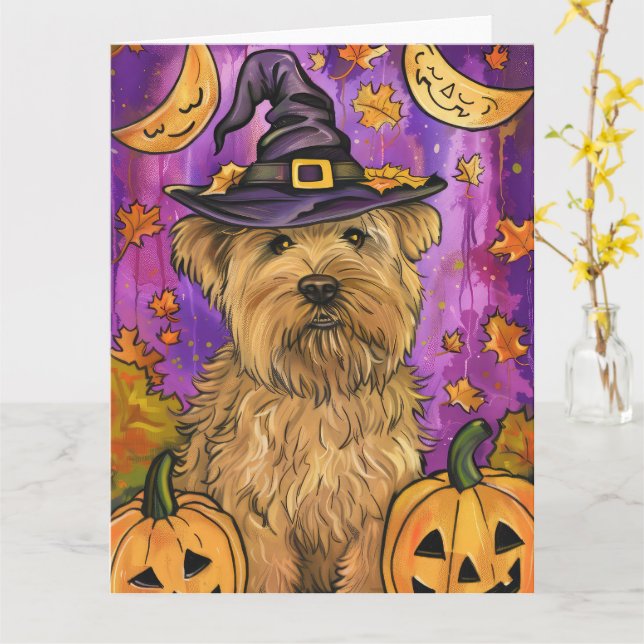 Spooky Wheaten Terrier Hund Halloween Witch Pumpki Kort (Gul blomma)