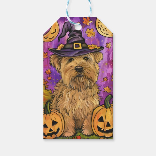 Spooky Wheaten Terrier Hund Halloween Witch Pumpki Presentetikett (Framsidan)