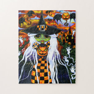 Spooky White Har Halloween Witch Big Ögon Pussel