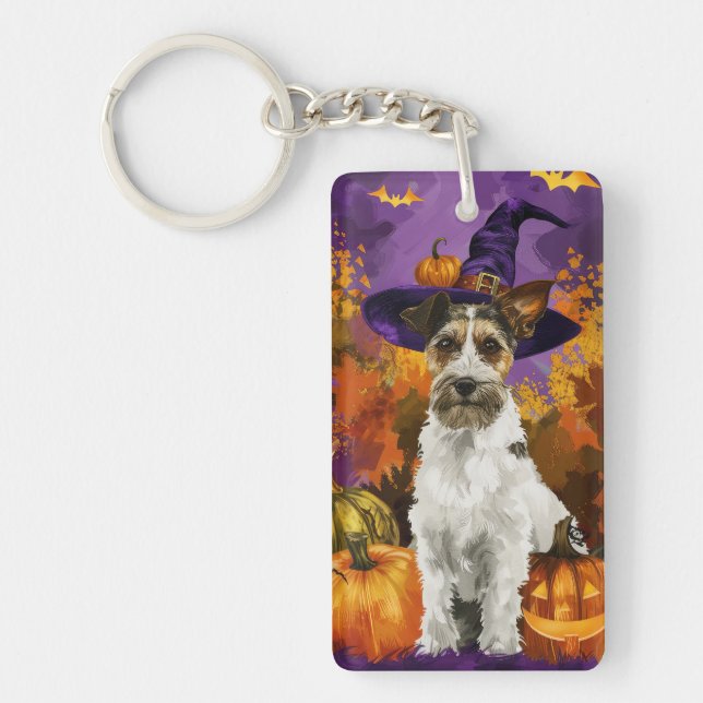Spooky Wirefox Terrier Hund Halloween Witch Pumpki (Framsidan)