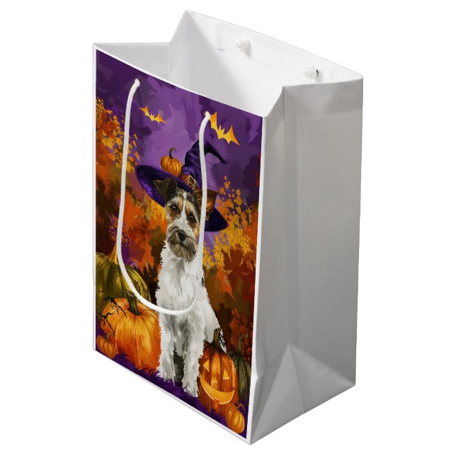 Spooky Wirefox Terrier Hund Halloween Witch Pumpki (Framsidan Vinklad)