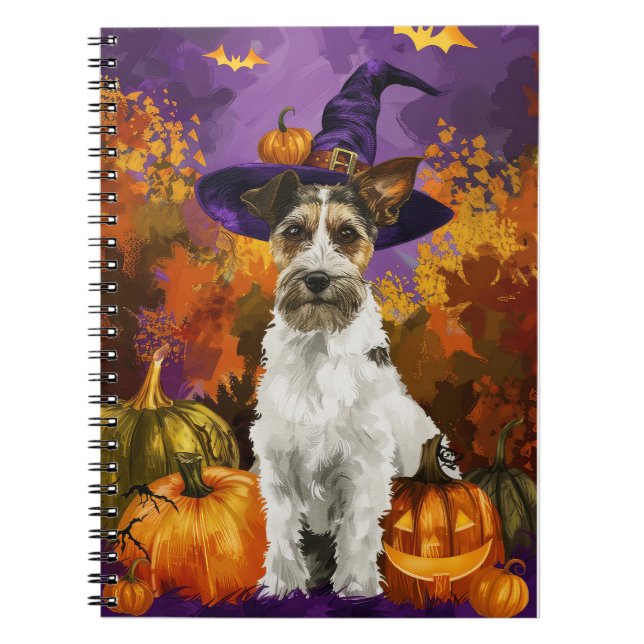 Spooky Wirefox Terrier Hund Halloween Witch Pumpki Anteckningsbok (Framsidan)