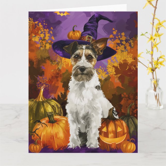 Spooky Wirefox Terrier Hund Halloween Witch Pumpki Kort (Gul blomma)