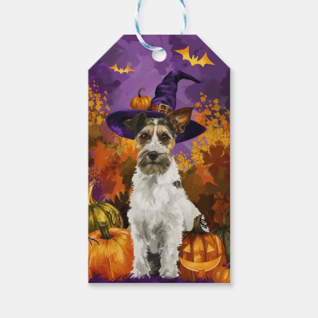 Spooky Wirefox Terrier Hund Halloween Witch Pumpki Presentetikett (Framsidan)
