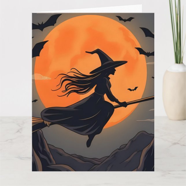 Spooky Witch Flies Broomstick Orange Full Moon Kort (Framsida)