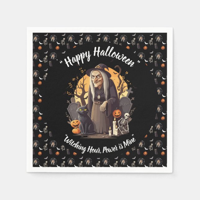🍽️ Spooky Witch Halloween Napkins 🎃 Black 👻 Pappersservett (Framsidan)