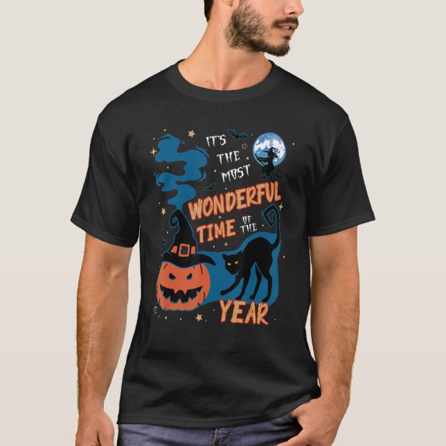 Spooky Witch Hat Pumpkin och Black Cat Halloween T Shirt (Framsida)