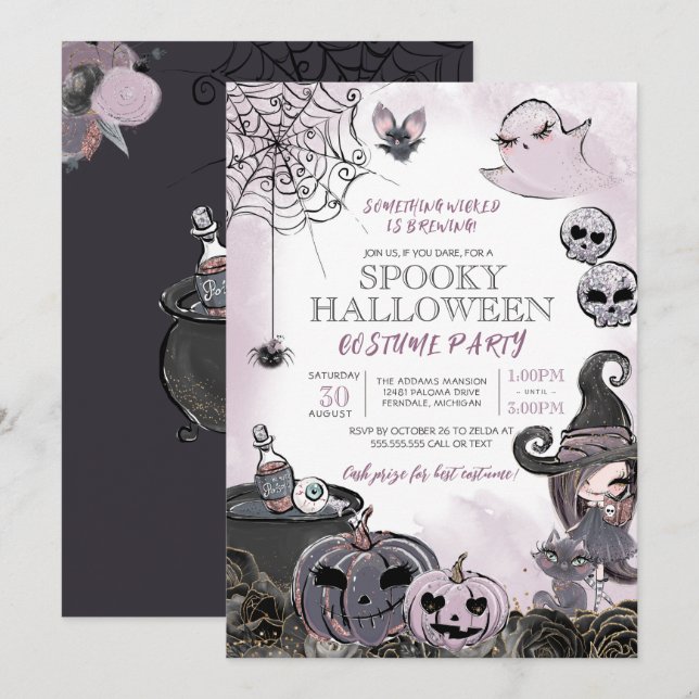 Spooky Witch Lila Black Halloween Costume Party Inbjudningar (Fram/baksida)