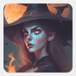 Spooky Witch med Måne Background Halloween Fyrkantigt Klistermärke