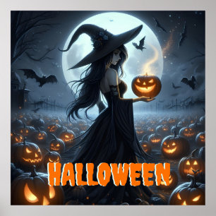 Spooky Witch och Jack-O-Lanternor Poster
