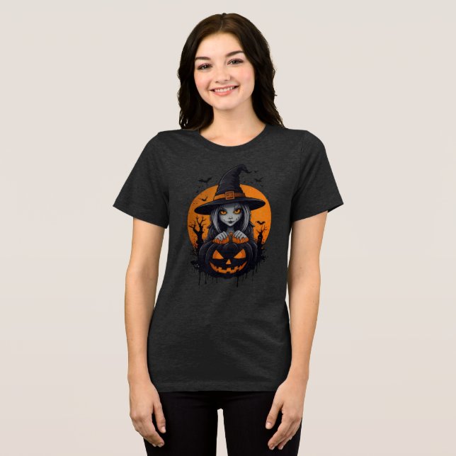 Spooky Witch with Jack-o’-Lantern Art T Shirt (Framsida Full)