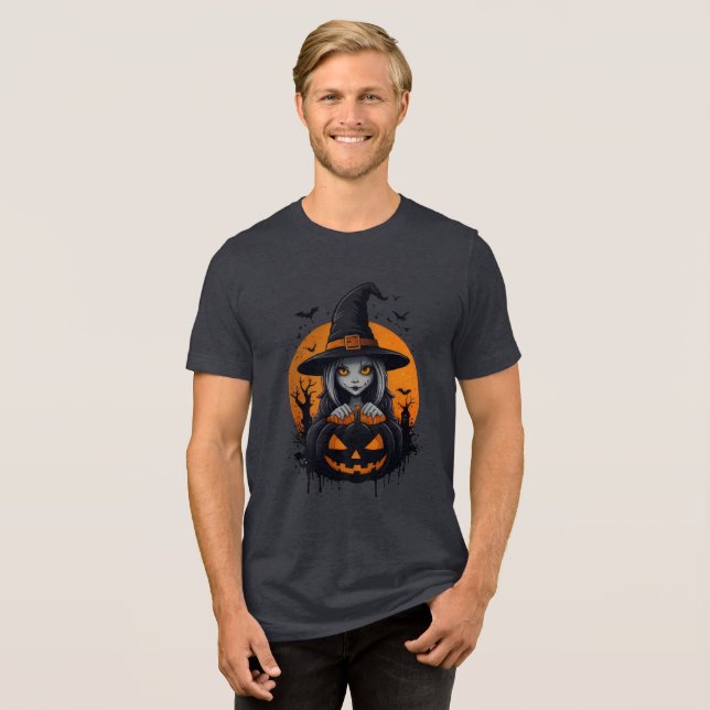 Spooky Witch with Jack-o’-Lantern Art T Shirt (Framsida Full)
