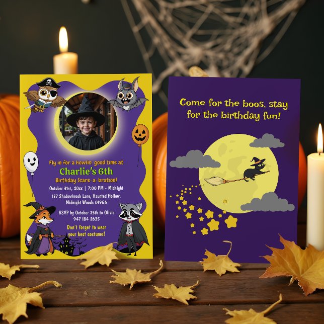 Spooky Woodland Animals i Costume Photo Birthday Inbjudningar (Skapare uppladdad)