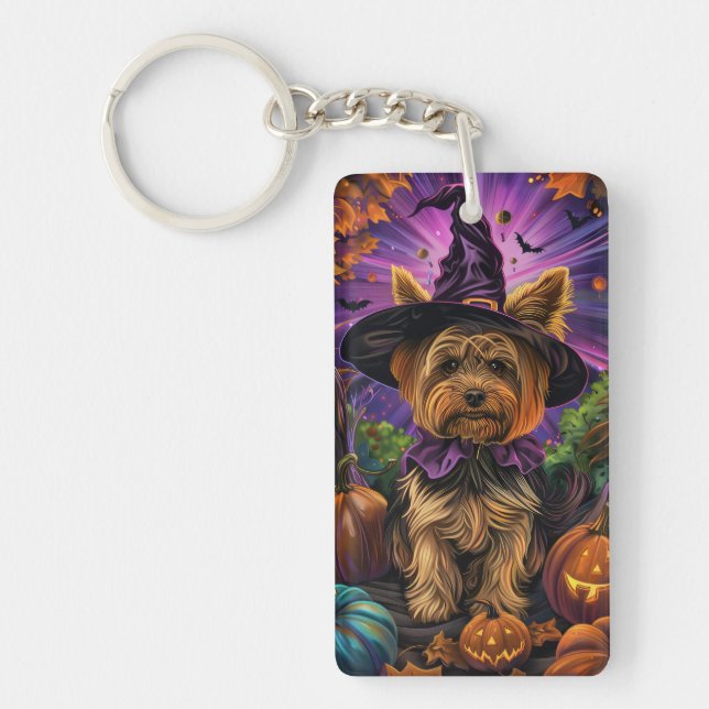 Spooky Yorkipoo Hund Halloween Witch och Pumpkin (Framsidan)