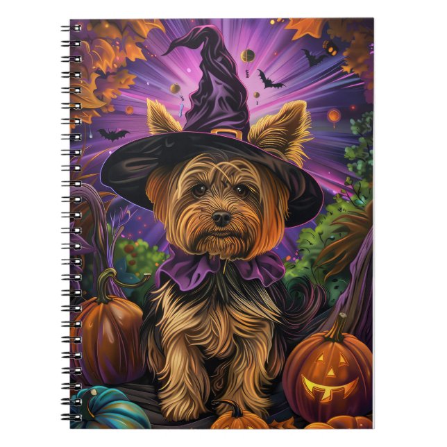 Spooky Yorkipoo Hund Halloween Witch och Pumpkin Anteckningsbok (Framsidan)