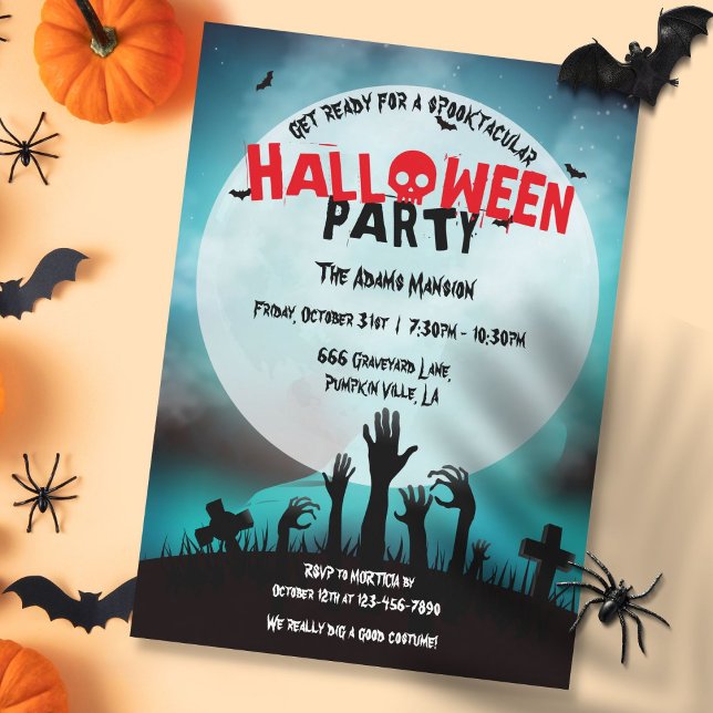 Spooky Zombie Graveyard Halloween fest Inbjudningar (Spooky Zombie Graveyard Halloween Party Invitation)