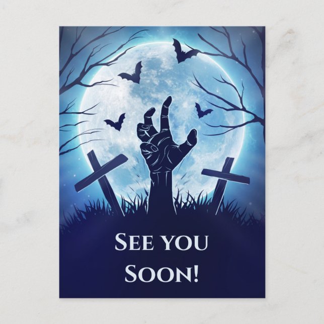 Spooky Zombie Graveyard (midnattblått) Vykort (Framsida)