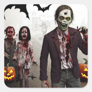Spooky Zombies, Pumpkin och Fladdermus Vintage Hal Fyrkantigt Klistermärke