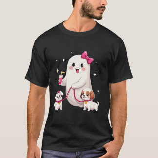 Spoopy Cute Rosa Coquette Ghost Walking Hund Hallo T Shirt
