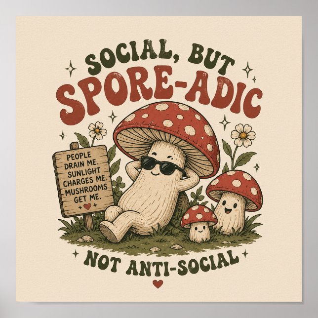 Spore-Adic Humör – Sött Avslappnat Svamp Retro-Des Poster (Framsidan)