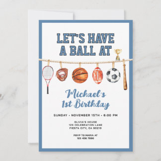 Sport Boy Ball All Star Themed Party Blue Birthday Inbjudningar