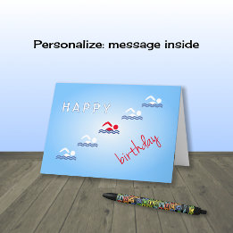 Sportar för simmaregrattis på födelsedagenblått kort