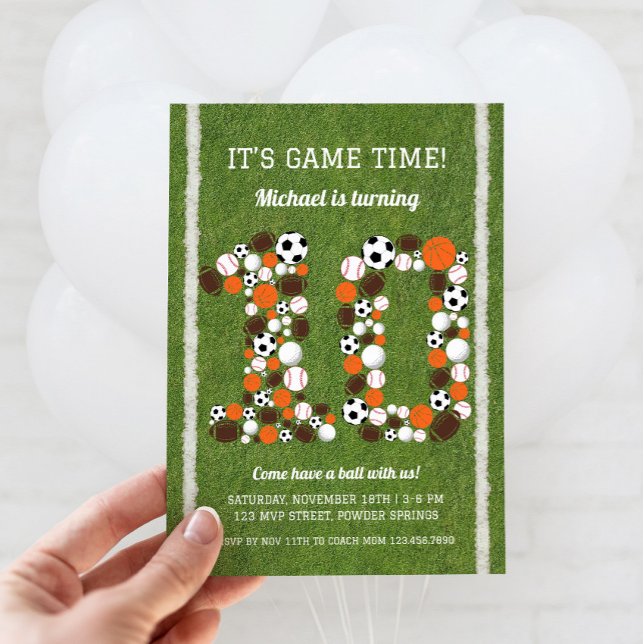 Sportarna 10:e Födelsedagsfest inbjudan (Sports 10th Birthday Invitation)