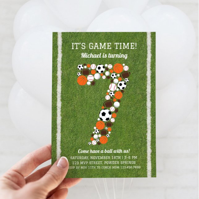 Sportarna 7:e Födelsedagsfest inbjudan (Sports 7th Birthday Invitation)