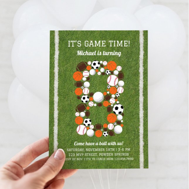 Sportarna 8:e Födelsedagsfest inbjudan (Sports 8th Birthday Invitation)