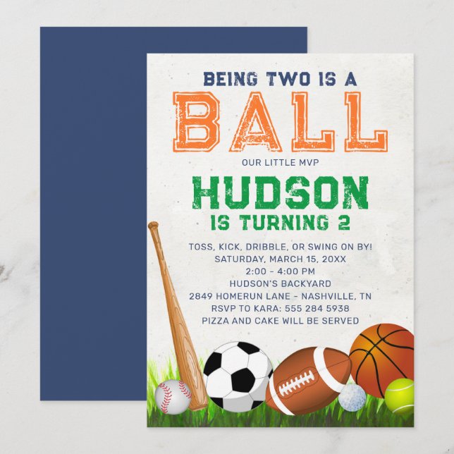 Sportarna Boll Födelsedagsfest inbjudan (Fram/baksida)