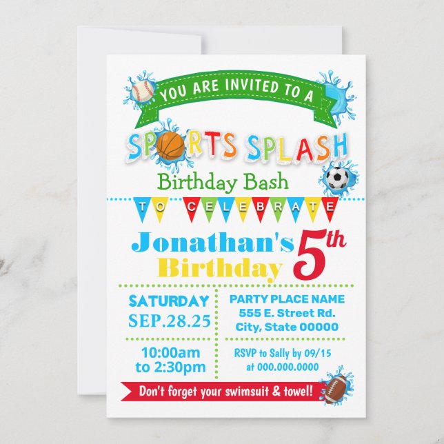 Sportdag stänk, sommar vatten party inbjudningar (Framsida)