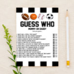Sporter Gissa vem! Spelformat för babyskor Brevpapper<br><div class="desc">Det här är ett idrottstema Gissa vem! Baby Shower-spel. *Gissa vem? - Det finns 15 frågor. Gästerna kommer att välja om frågan gäller Mor eller Far. Den som får mest svar på högerna vinner! Idrottsknappen,  basebollbabyduschaktivitet,  babyduschaktiviteter i fotboll,  babyduschspel i basketboll,  babyduschspel i fotboll för pojkar</div>